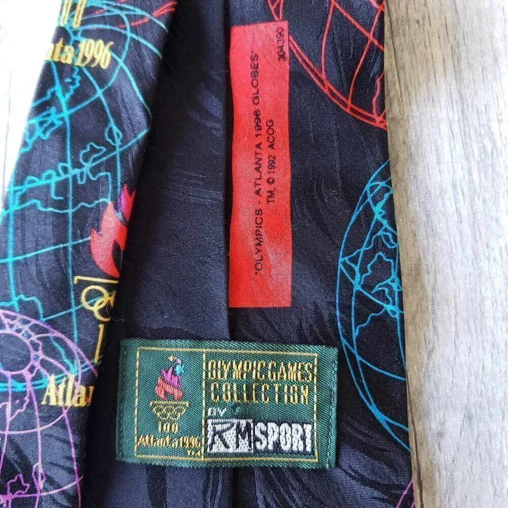 Vintage Atlanta 1996 100th Summer Olympics Colorful Black 100% Silk Necktie Tie